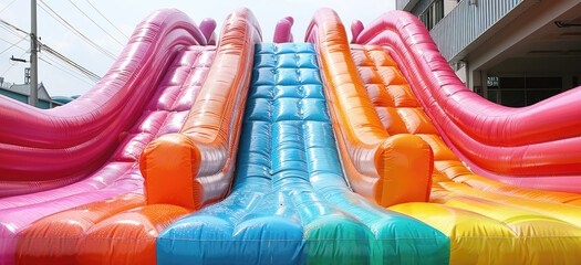 Big colorful inflatable bounce slide for children playground.