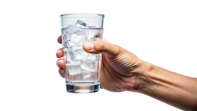 A close-up of a hand holding a clean glass filled with iced water