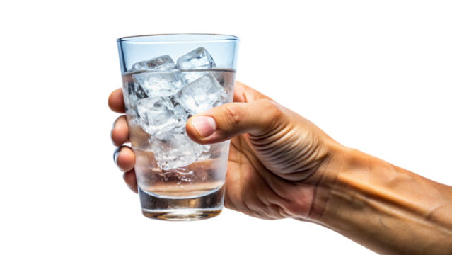 A close-up of a hand holding a clean glass filled with iced water