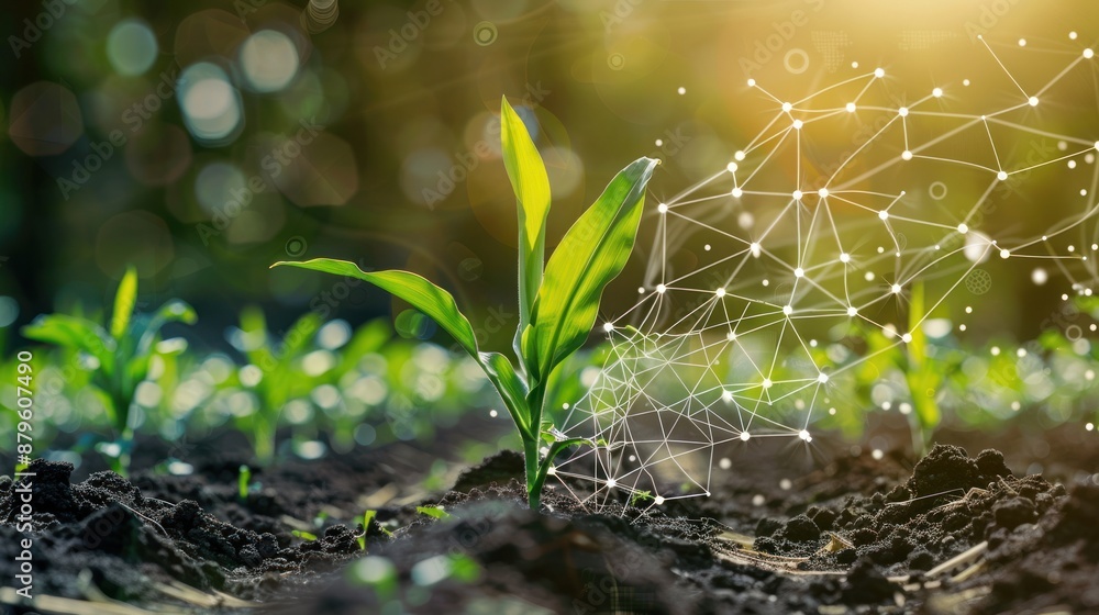 Poster Green shoots emerging from soil with a glowing network symbolizing technology and innovation in agriculture.