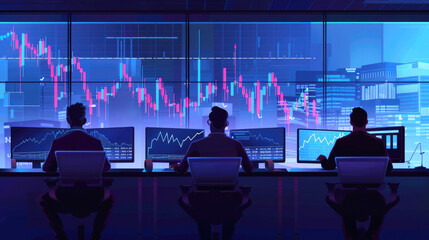 Simple illustration, group of financial analysts using AI to predict future evaluations on stock market.
