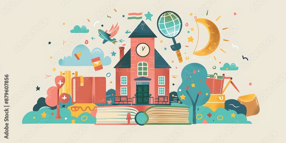 Poster a colorful illustration of a school building with a clock on the front. the building is surrounded b