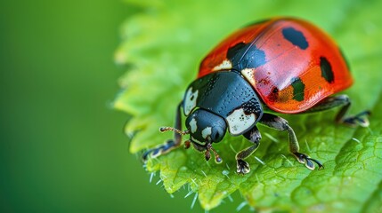 Fototapeta premium Close-up of a ladybug on a green leaf, capturing the delicate details of this tiny insect.