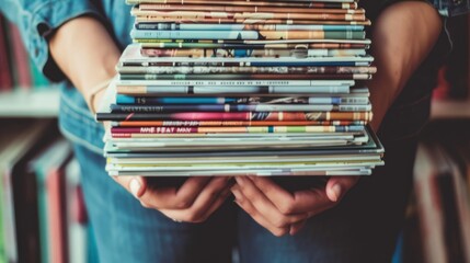 Female hands holding a stack of magazines.