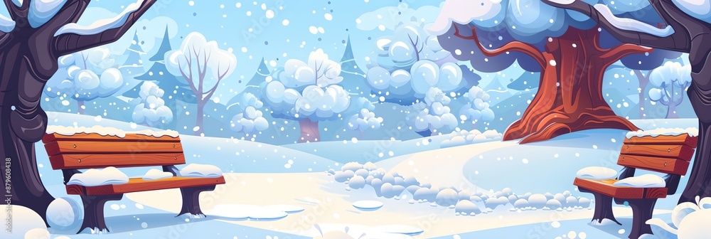 Poster a winter scene with a bench and a tree. the bench is empty and the tree is covered in snow