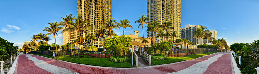 Miami Beach, Florida - Panoramic view of the Miami Beach Boardwalk from end to end. Early morning...