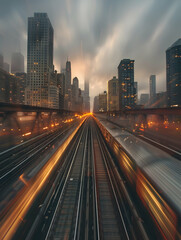 Fototapeta premium Capturing Skyline Timelapse: Photo Realistic Individual with HD Camera Overlay, Urban Cityscape Motorized Track for Stock Photo Concept