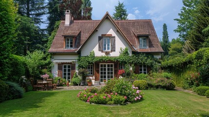 A picturesque dream house with a charming garden, representing the ideal home and peaceful living.