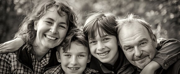 Fototapeta premium A family of four, including a grandfather, are smiling and hugging each other. The image conveys a warm and loving atmosphere, showcasing the bond between family members