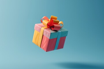 A colorful box with a red bow on top of it is floating in the air. The box is decorated with a variety of colors, including red, yellow, and blue. Concept of joy and excitement