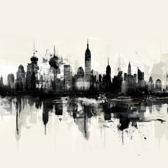 Fototapeta premium Abstract City Skyline Wallpaper: Minimalist Futuristic Urban Landscape, Perfect for Mobile and Computer Backgrounds, Featuring Ink Wash Art and Beautiful Buildings in a High-Resolution AI-Generated Ab