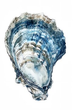 A blue and white shell with a white center. The shell is painted with a watercolor technique