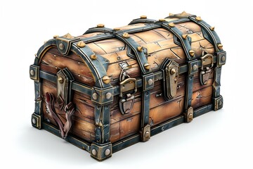 A wooden chest with metal hinges and a gold latch. The chest is old and has a rustic appearance