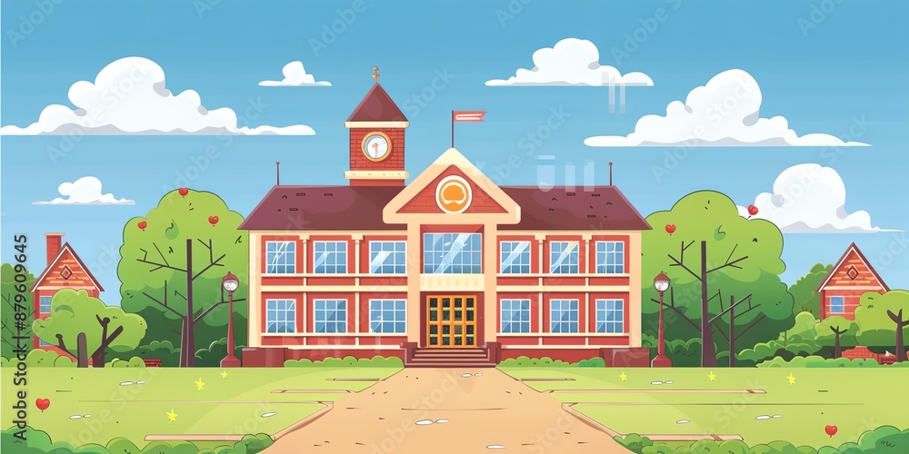 Poster a school building with a clock tower and a flag on top. the building is surrounded by trees and hous