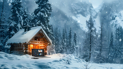 Fototapeta premium Remote Winter Cabin Work: Individual with Laptop, Snowy Cabin, Satellite Phone Symbolizing Remote Work in Snowy Cabin with Space for Copywriting Stock Photo Concept
