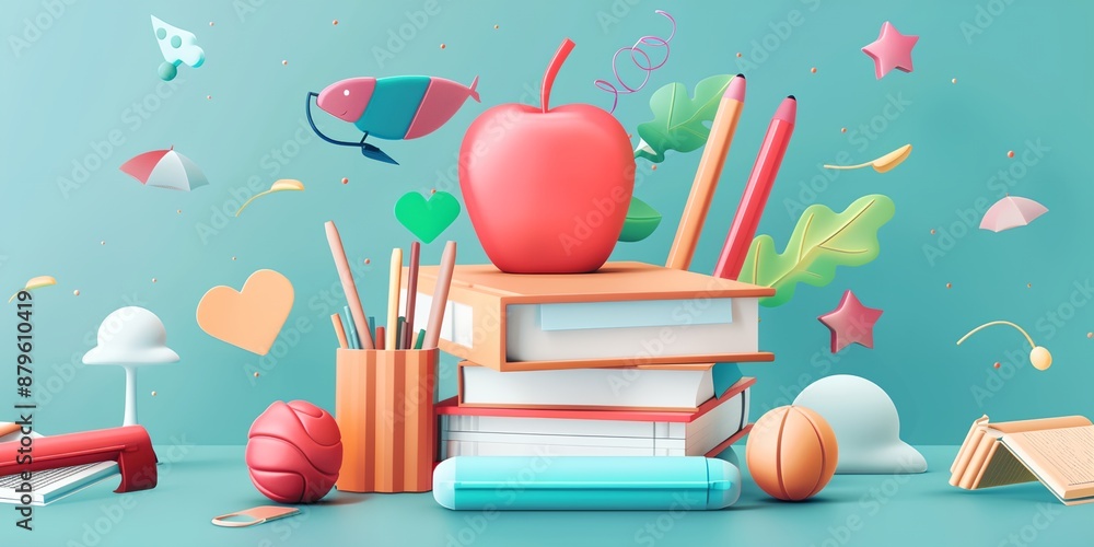 Poster a colorful image of a book stack with a red apple on top. concept of creativity and imagination, as 