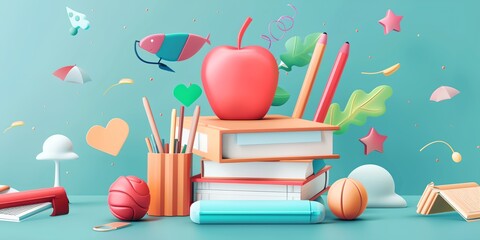 A colorful image of a book stack with a red apple on top. Concept of creativity and imagination, as well as the importance of education and learning. The various objects on the table