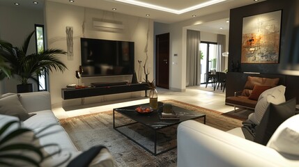 A stylish living room with modern decor and comfortable seating, showcasing a harmonious blend of aesthetics and functionality.