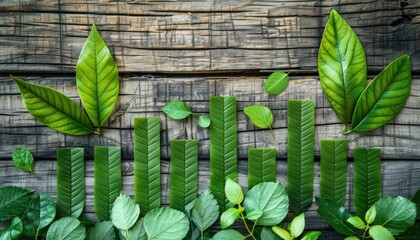 Green bar charts overlay financial documents with ferns and leaves, symbolizing environmental finance and sustainable growth.