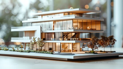 Architectural model of a modern building, detailed design, soft focus background