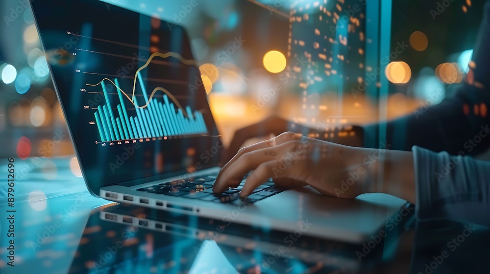 Poster close-up of hands typing on a laptop with a financial chart displayed on the screen