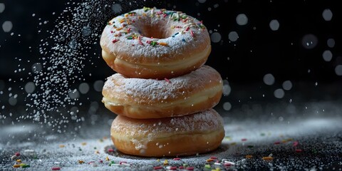 Powdered donuts with sprinkles on black background some powder flying around. Concept Food Photography, Donuts, Sprinkles, Powdered Donuts, Dessert