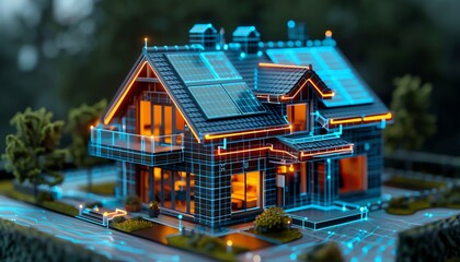Obraz premium Futuristic smart home with glowing circuits and solar panels, digital overlay
