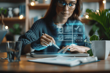 Man Using Digital Tablet for Document Control and Virtual Checklist, Businesswoman with Pen Managing Online Workflow from Home Office