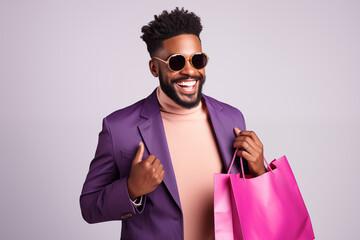 Obraz premium Stylish Man with Sunglasses and Shopping Bags, Smiling in Studio. Generative AI