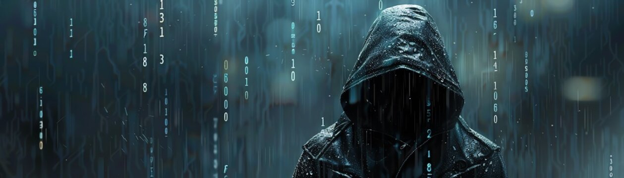 Hooded figure in rain with binary code backdrop, digital and mysterious