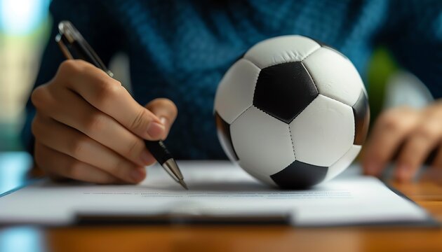 Person signing contract holding soccer ball, closeup, professional setting