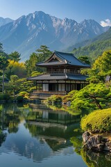 Serene Japanese garden with a traditional pavilion and mountain backdrop