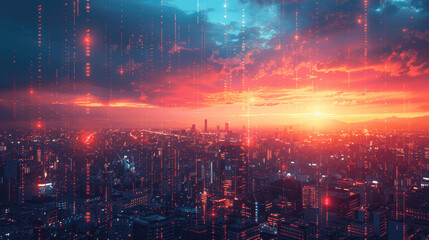 Stock Market Chart with Cityscape Business Growth Financial Data Global Design Blue Pink Theme