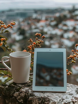 Photo Realistic Person with E Reader and Travel Mug on Urban Rooftop   Remote Work Concept with Copy Space in Adobe Stock