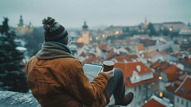Photo Realistic Person with E Reader and Travel Mug on Urban Rooftop, Remote Work Concept with Copy Space | Adobe Stock Photo Concept