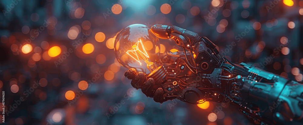 Poster human and robot hands touching digital light bulb in futuristic technology background with ai and bi