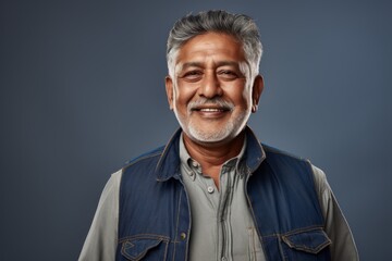 Fototapeta premium Portrait of a smiling indian man in his 70s wearing a rugged jean vest isolated on minimalist or empty room background