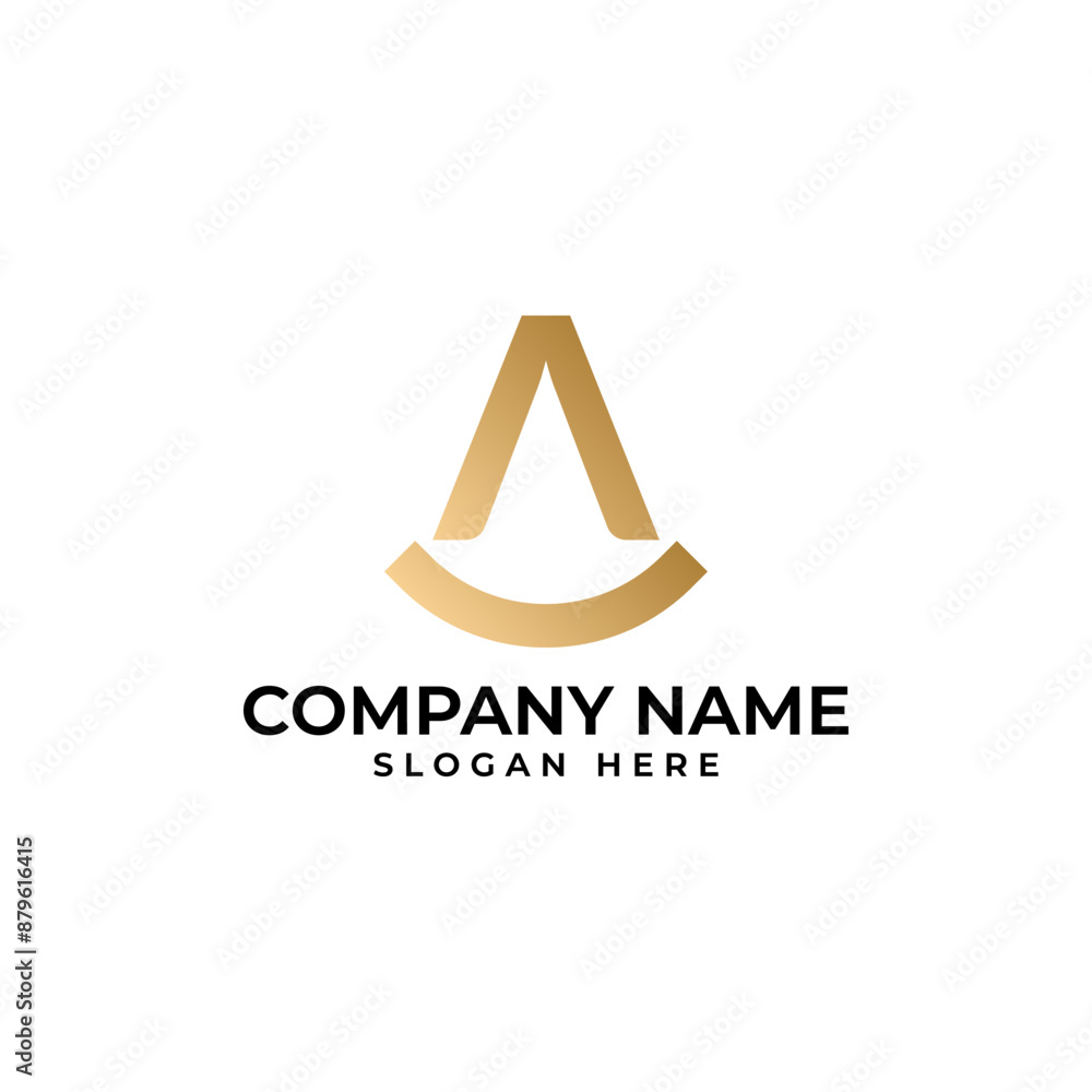 Poster the initial a lettermark in the shape upward arrow in gold gradient and the smile underneath the let