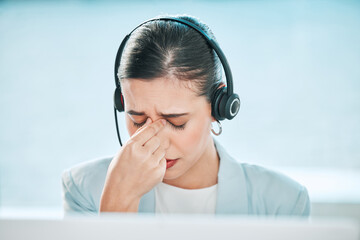 Woman, headset and tired with stress headache for customer service crisis, brain fog and sick in call center. Technical support agent, fatigue and frustrated for difficult client, mistake and burnout