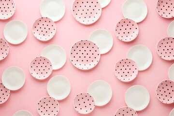 Pattern of polka dot plates on pink background, tableware concept