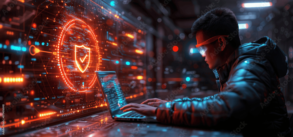 Poster cybersecurity and data protection with secure encryption technology in business, network safety, and