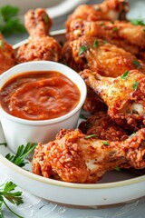 Crispy fried chicken drumsticks served with tangy dipping sauce, garnished with fresh parsley for a delicious meal.