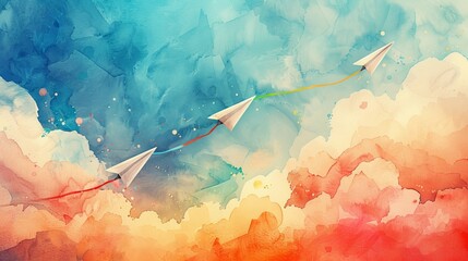 Bright blue summer sky with a white jet airplane soaring above fluffy clouds, perfect for travel illustration