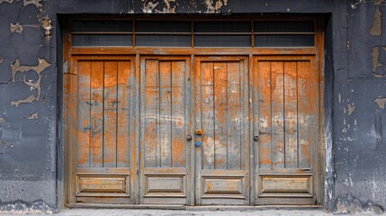The door is old and rusted. It is a wooden door with four panels. The door is open and has a blue lock