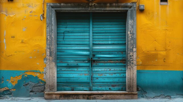 A blue door with yellow trim sits in front of a yellow wall - Powered by Adobe