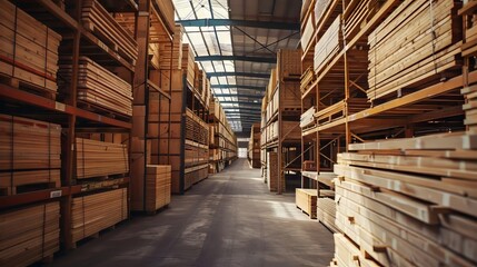 Rows of wooden planks neatly organized in a warehouse