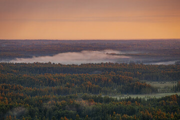 A serene sunrise over a forested landscape with mist hovering above the trees. The sky glows with soft orange hues, creating a peaceful and picturesque scene.