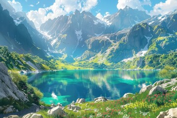A beautiful mountain lake with a clear blue water. The mountains are covered in snow and the sky is blue. The scene is peaceful and serene