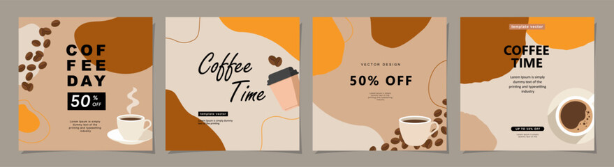 Set of minimal background templates with coffee beans and coffee mug for invitations, cards, banner, brochure, poster, cover, cafe menu or another design. Vector illustration.