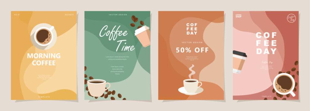 Set of minimal background templates with coffee beans and coffee mug for invitations, cards, banner, brochure, poster, cover, cafe menu or another design. Vector illustration.
